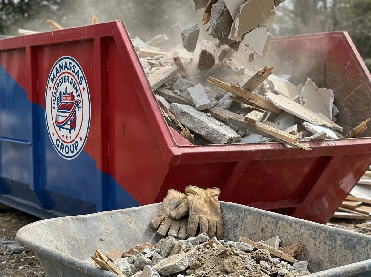 Manassas Dumpster Rental Group fleet of roll-off dumpsters and trucks in Manassas, VA